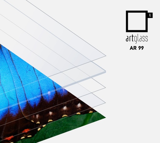 Artglass AR99 2.5mm. Anti-reflective glass with ~99% UV protection. 1200x1600mm. 2 sheets per box. Total 3.84m2. Sqm price 103€